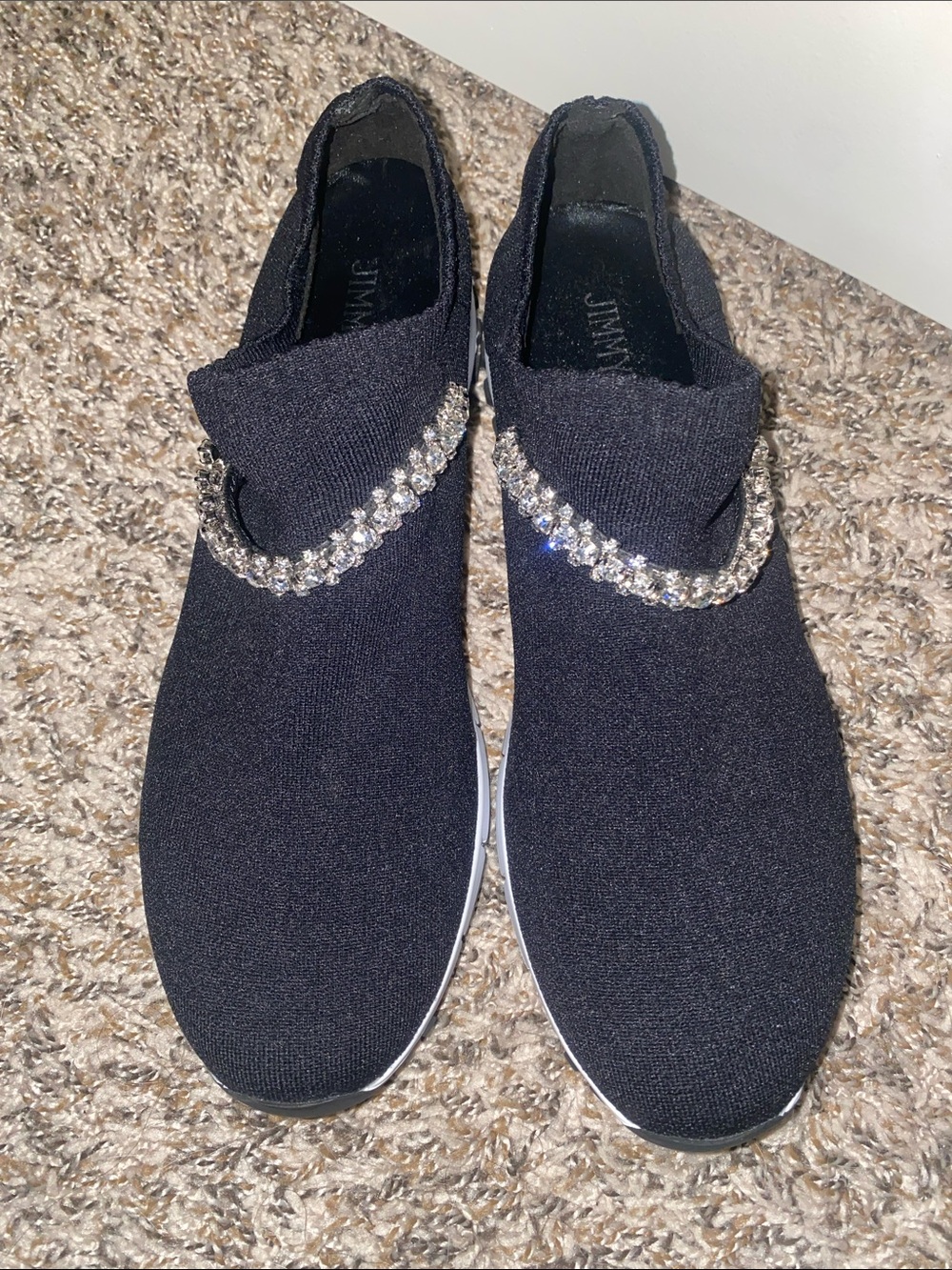 Jimmy Choo Black Knit Slip-On Sneakers with Crystal Band